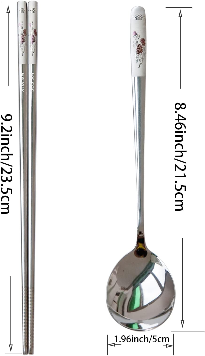 Reusable Chopstick and Spoon Set, Korean Long Handle Stainless Steel Spoon and Chopsticks Set, Dishwasher Safe Metal Chop sticks, Set of 3. (Multi-patterned)