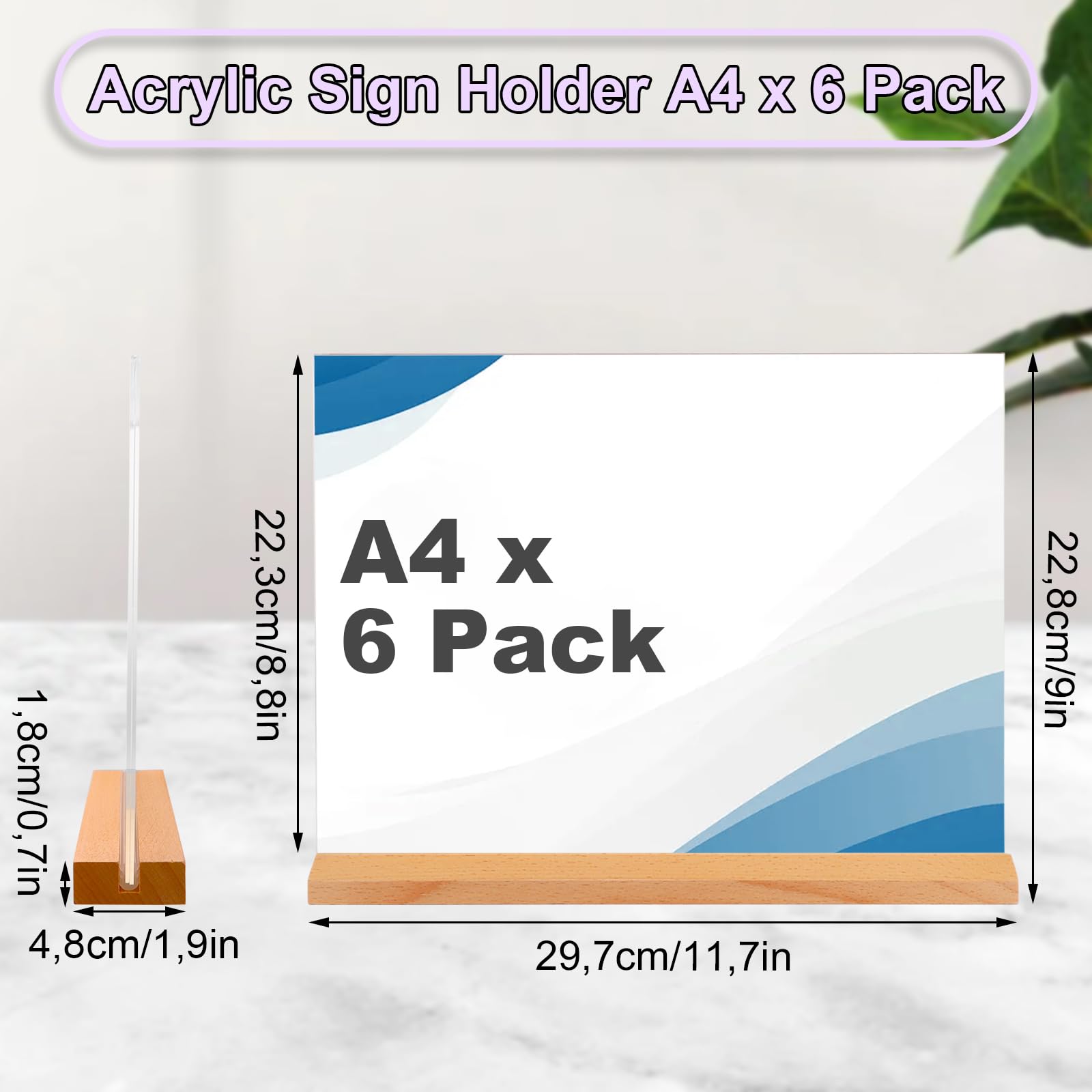 APACALI 4 Unidades de Soporte A4 de Mesa Horizontal, Acrílico, Expositor Con Base de Madera, Letrero de Doble Cara en L Para Publicidad
