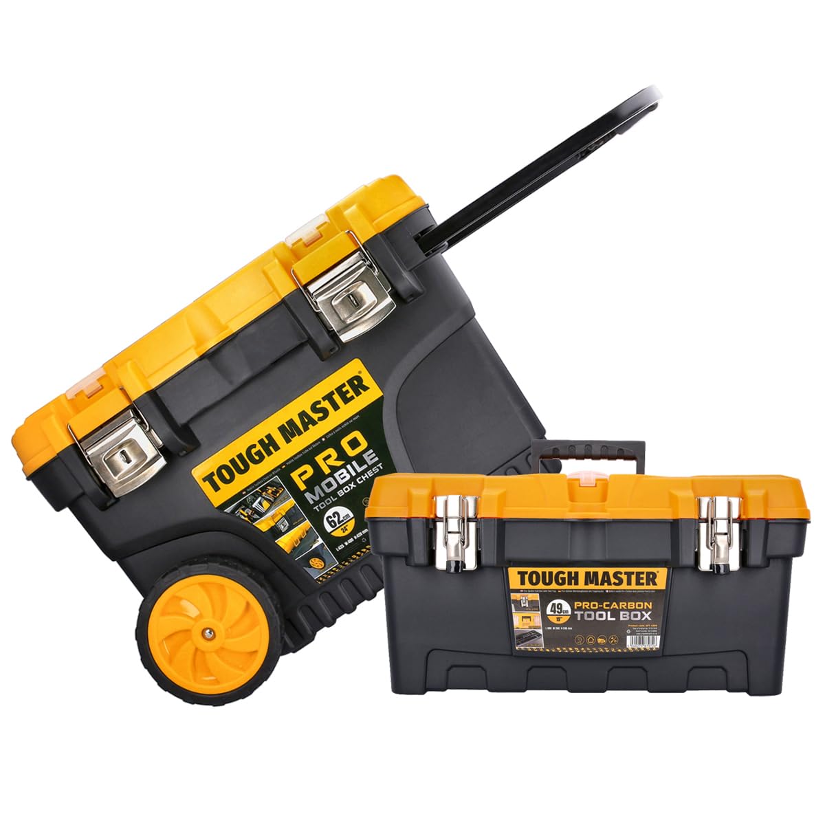 Large Tool Box On Wheels 24" Inch 62cm Professional Heavy Duty Toolbox Chest With Tote Tray 84 Litres Capacity 2 Wheels For Maintenance And Home TOUGH MASTER (With 19'' Tool Box)
