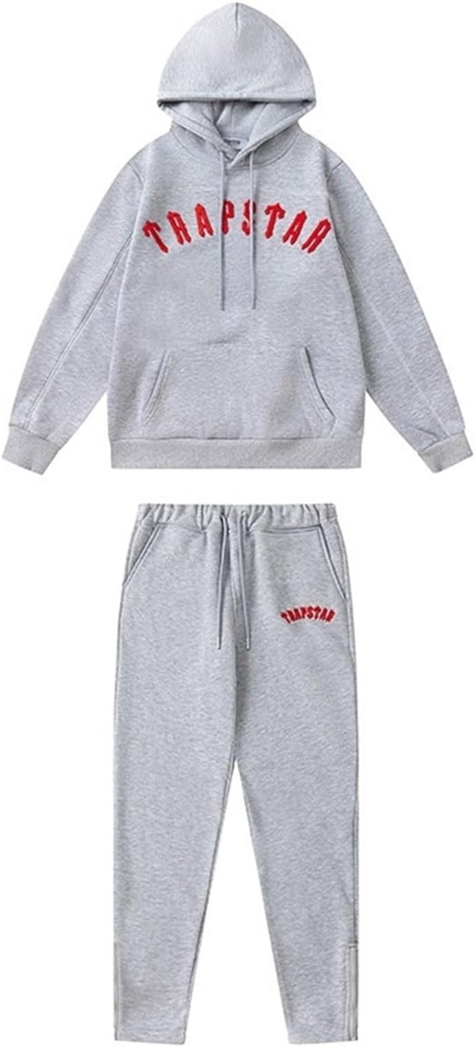 Embroidered Trapstar Tracksuit for Men and Women, Unisex Trapstar Shooters Suit, 2 Piece Sports Jogging Set Autumn Winter, Fleece Hooded Sweatshirt and Pants (Color : 8838 gray, Size : X-Large