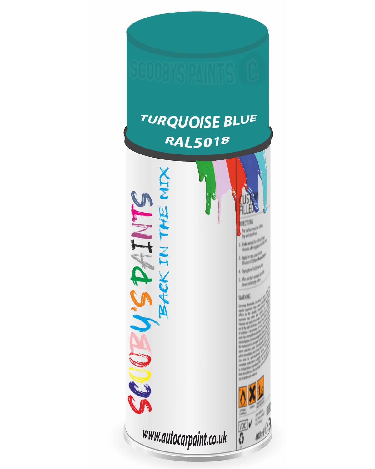 SCOOBYS PAINTS BACK IN THE MIX RAL5018 Turquoise blue 400ML Aerosol Spray Paint RAL Colour Can Gloss Shinny Finish DIY Indoor/Outdoor Wood Plastic Metal Heat Resistant Steel