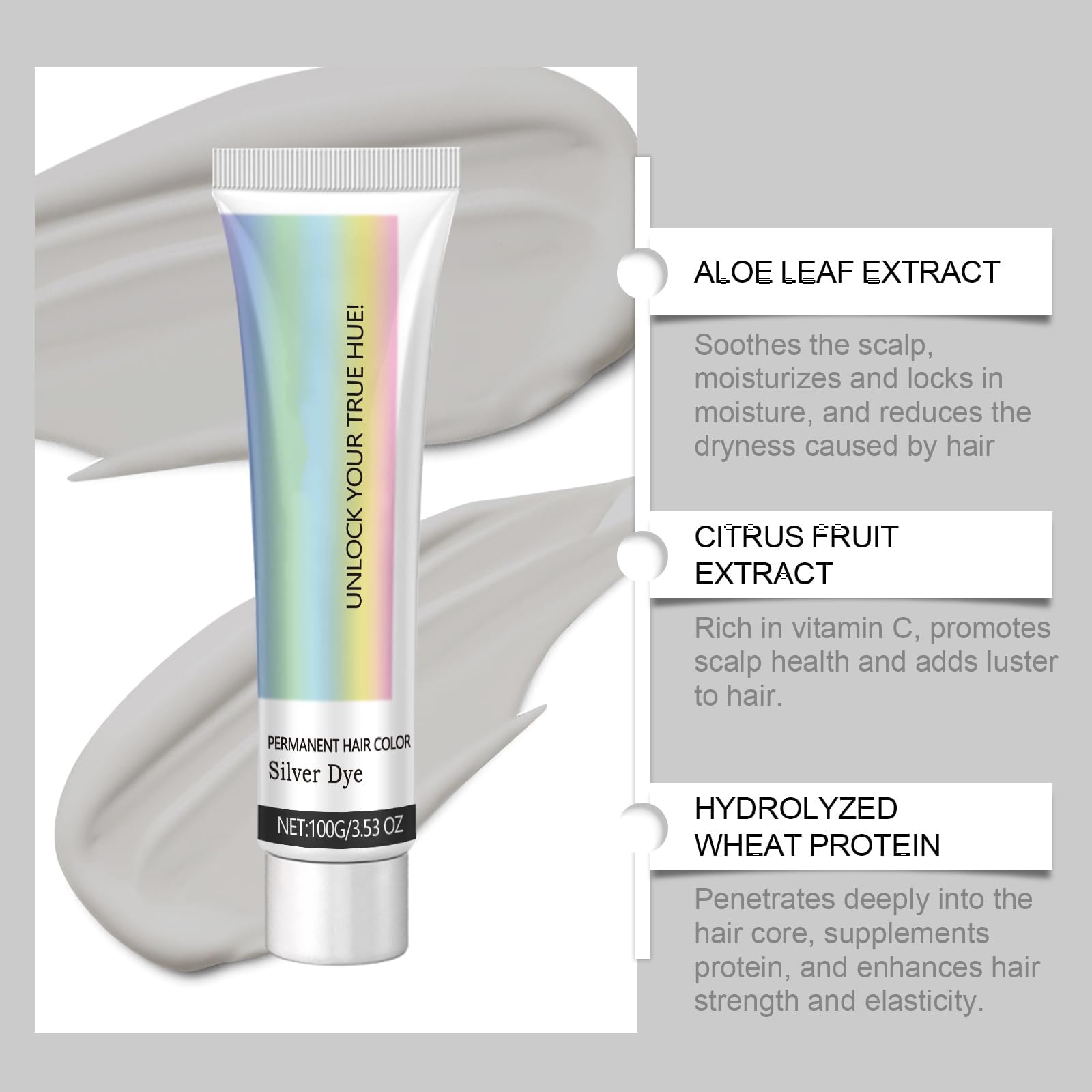 TERRIFI Silver Gray Natural Hair Dye Cream, Unisex Long-Lasting Hair Color, Easy to Apply and Non-Stripping, Suitable for All Hair Types, Fashionable 3.53 OZ (Grey, 1 PC)