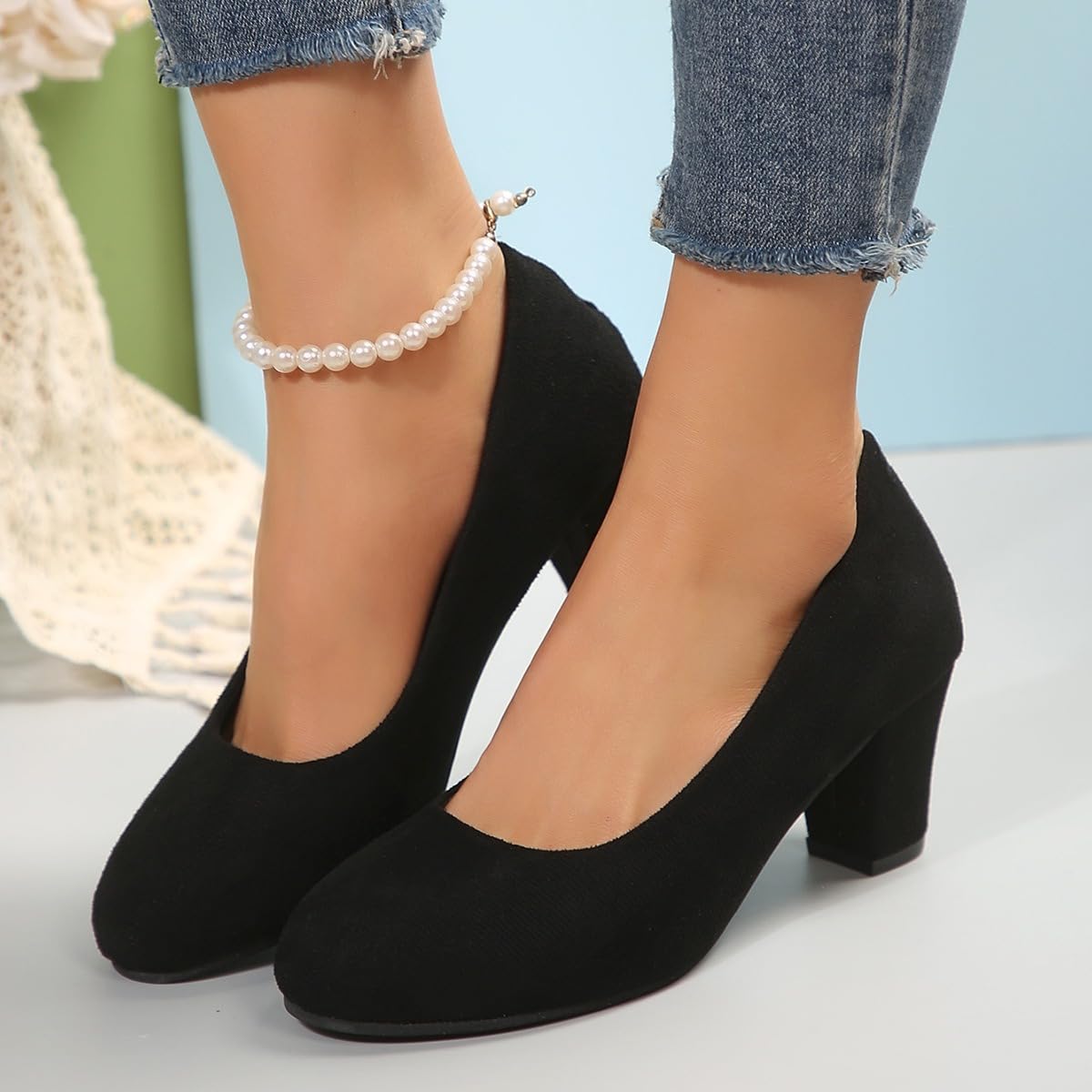 Tacones altos casuales con correa cruzada para mujer, tacones de bloque medio Mary Jane con correa al tobillo, zapatos de corte para mujer, zapatos de trabajo de apoyo cómodo, negro, 40 EU