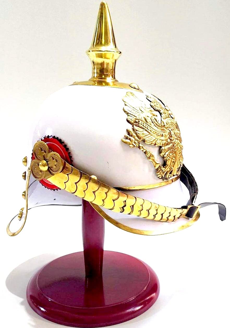 Casco in ottone tedesco Pickelhaube Imperial Prussian Bianco & Rosso Casco