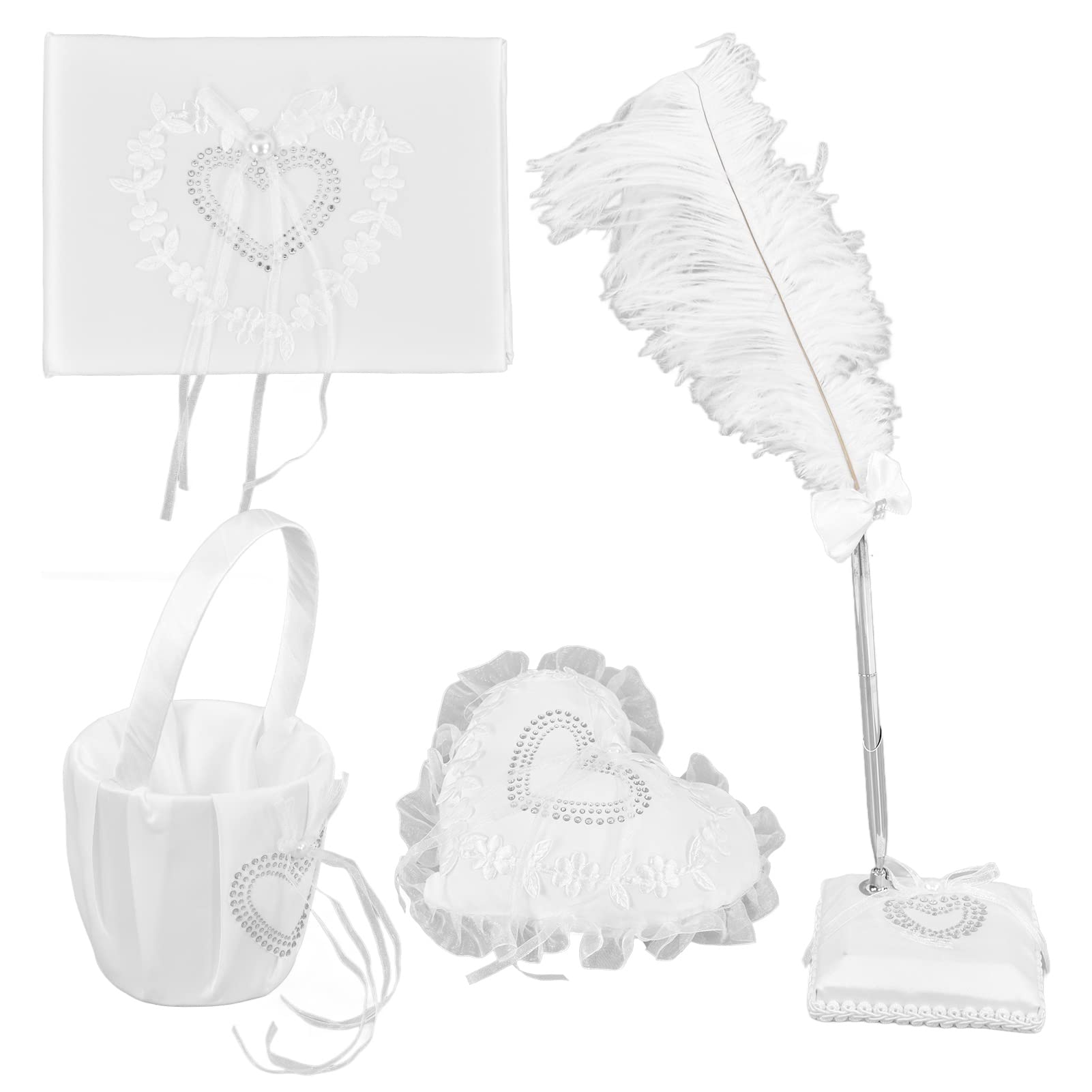 Fdit Weißes Hochzeitskissen Set für Ringe, Indoor Outdoor Nutzung | Vierteiliges Set mit Blumenkorb, Gästebuch, Federzeichenstift, aus strapazierfähigem Stoff, ideal für romantische Anlässe