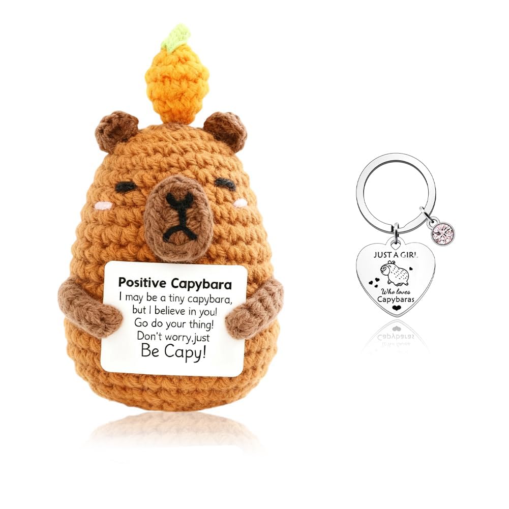Vexthorion Positive Crochet Animal With Funny Keychains Set 2pcs, Handmade Knitted Animals Doll,Emotional Support Gift With Positive Card Birthday Gift For Women Men Family Friends (Capibara)