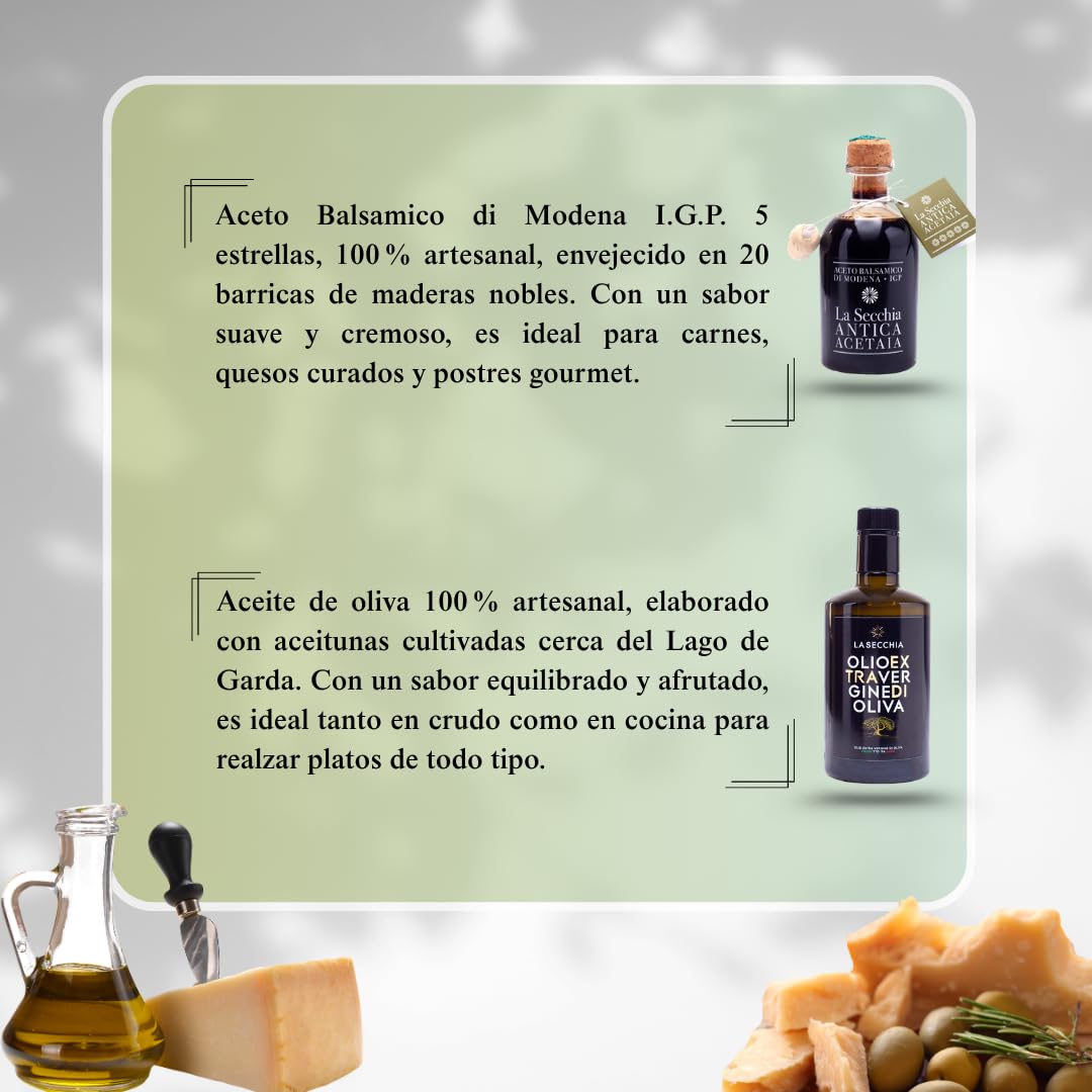 La Secchia - Cesta gastronómica artesanal, aceite de oliva virgen extra, vinagre balsámico de Módena IGP 5 Estrellas, set gourmet, productos italianos artesanales