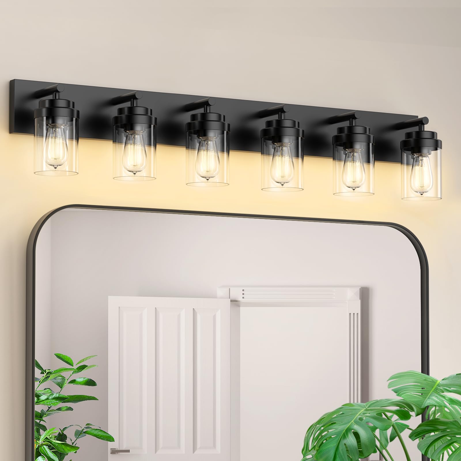 Photo 1 of IZORRO Bathroom Vanity Light Fixture, 6-Light 46 Inch Matte Black Bathroom Light Fixtures Over Mirror, with Clear Glass Shade, Modern Farmhouse Vanity Lights, Rustic Restroom Lighting Fixtures