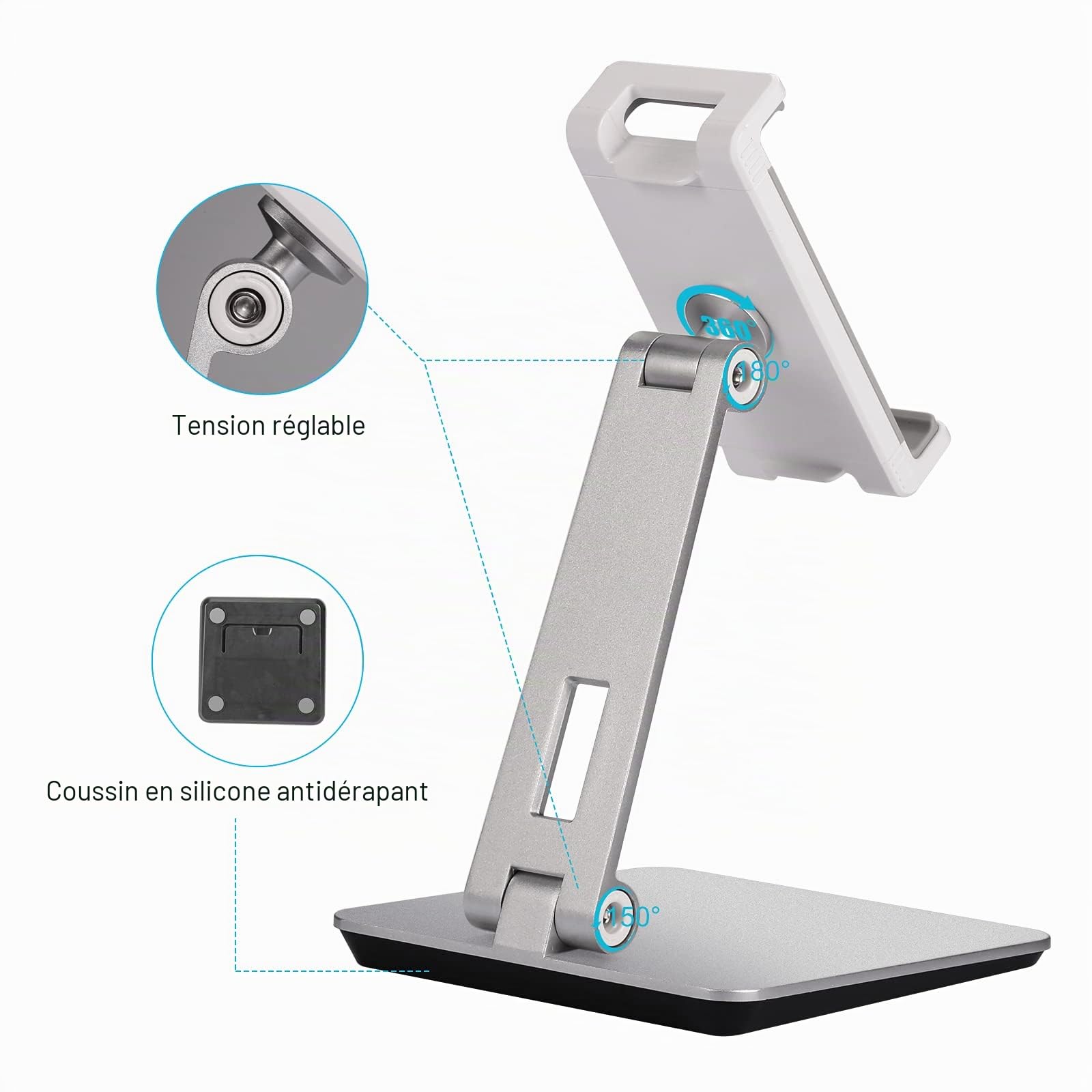 Support Tablette Réglable et Pliable, Porte Tablette Bureau Aluminium Lourd Pivotant à 360°, Compatible avec iPad Pro/Air/Mini, Samsung Tab, Surface Pro, Kindle Fire (7-13") (Argenté)