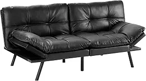 Sweetcrispy Sofa Bed Couch - Leather Loveseat Sleeper Futon for Living Room, Foldable Memory Foam Furniture, Convertible Full Size Sofa, Adjustable Backrest and Armrests, Black