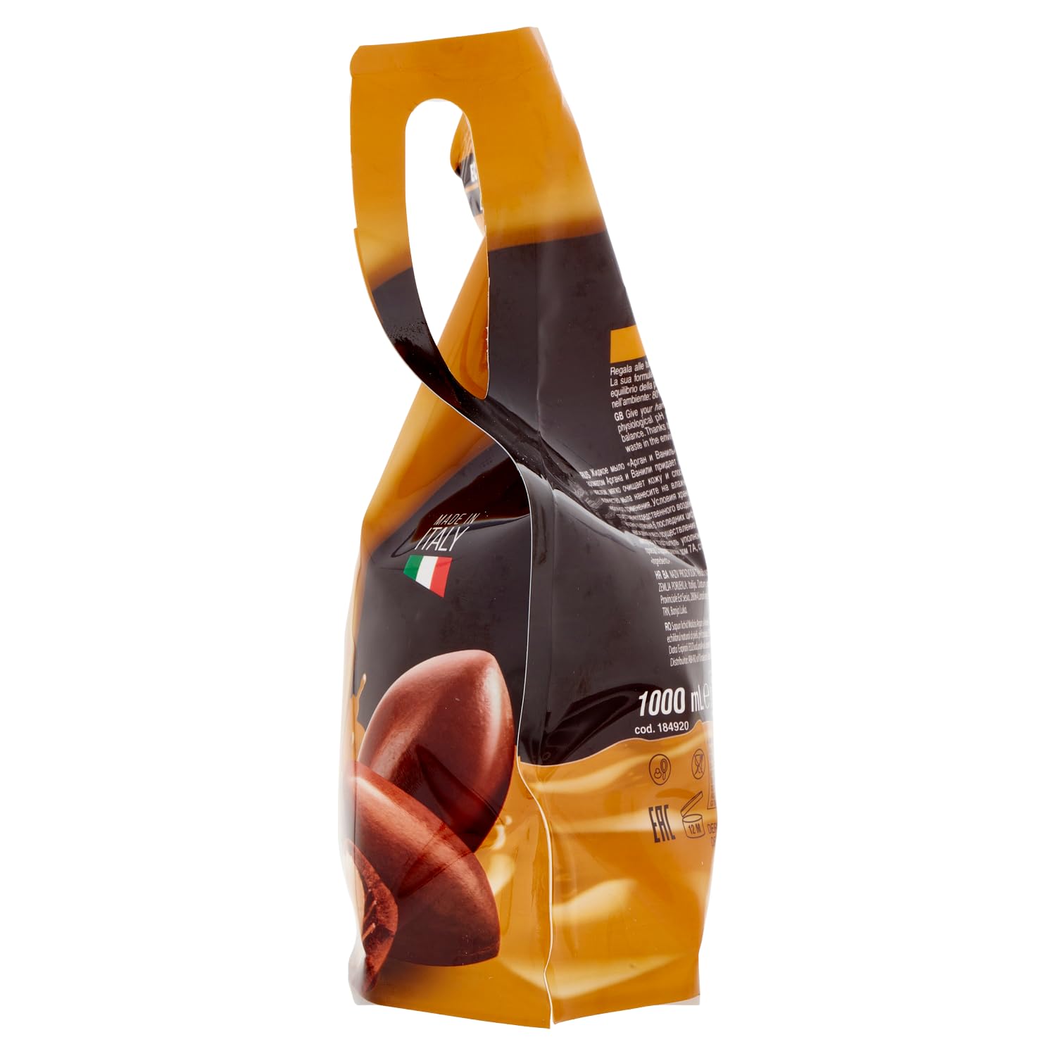 6 saponi Malizia Sapone Liquido – Sapone liquido con argan e vaniglia – Ideale per mani e viso – Busta di ricarica ecologica 1000 ml + portachiavi Beni Culinari