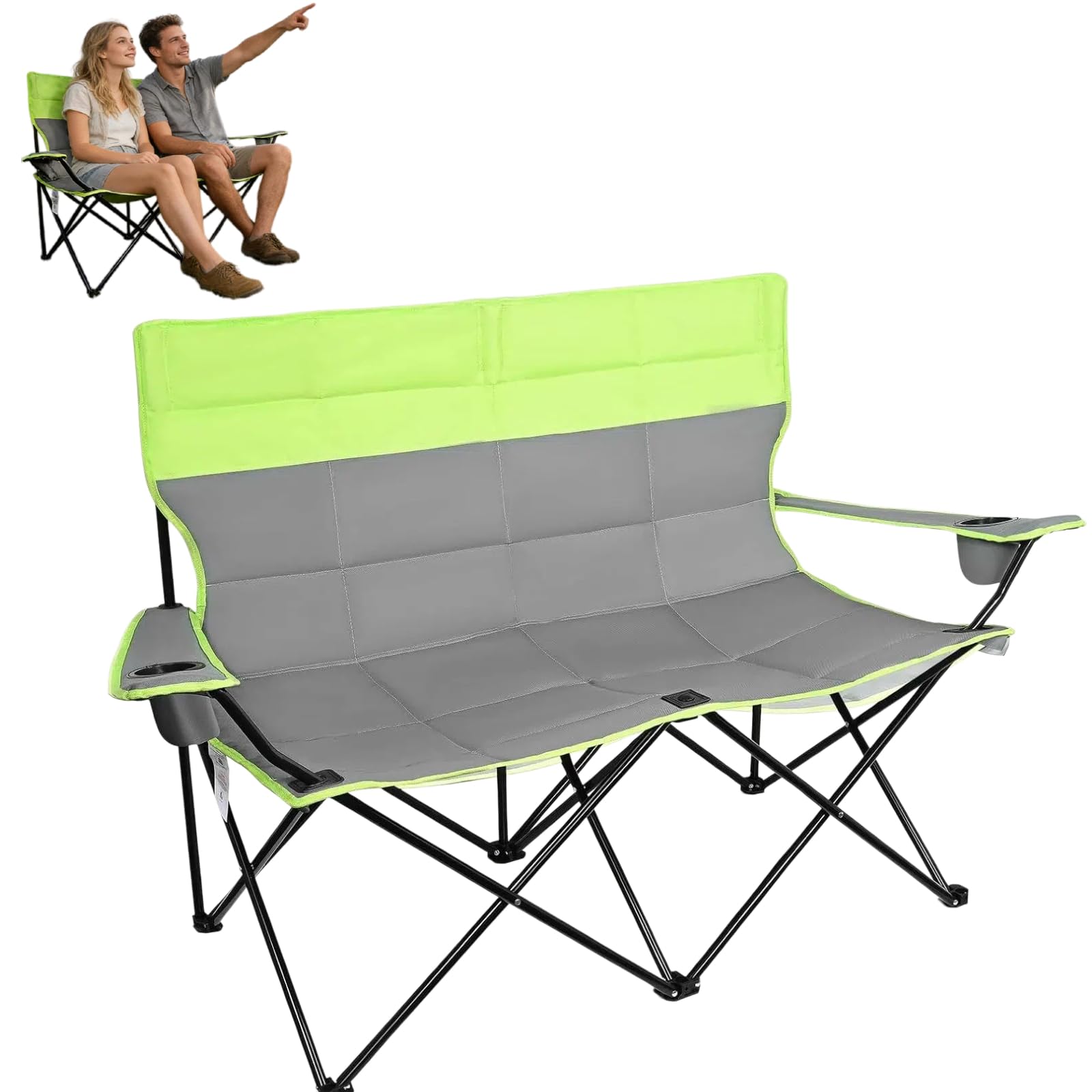 Silla de camping doble Rhyvorax para 2 adultos, sillas de camping plegables de alta resistencia con portavasos, silla de playa portátil para exteriores, jardín, picnic, pesca – Soporta 300kg (Verde +