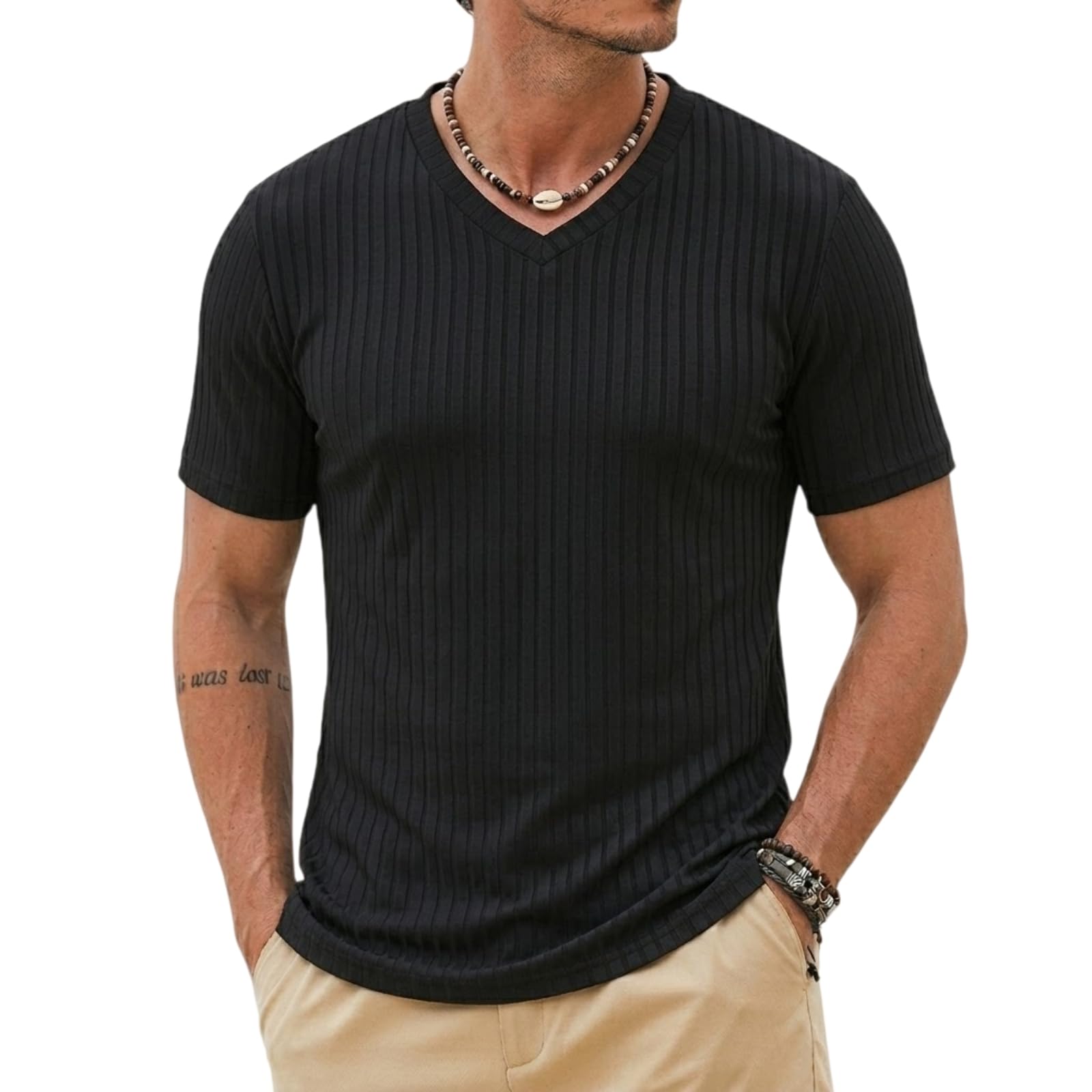 T-Shirt à Manches Courtes Col en V pour Homme Tricoté Casual Texture Mince