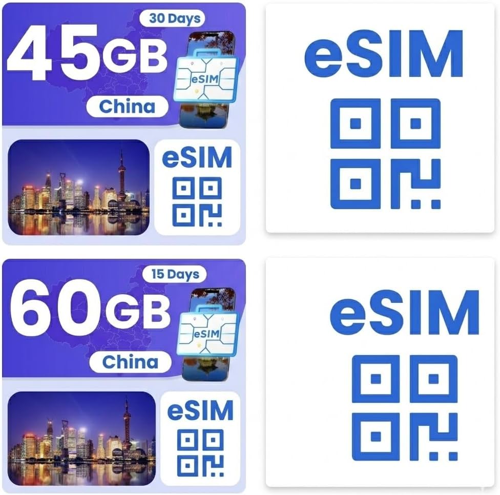 eSIM Bundle for International Travel, China 45GB/ 30 Days – China 60GB/ 15 Days, 4G/5G Speed, Hotspot Supported, Instant Activation in 10 Minutes
