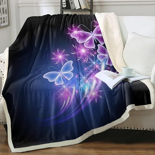 Sleepwish Manta de mariposa morada, suave manta de vellón azul con mariposas, manta de felpa, manta de sherpa, tamaño individual (60 x 80 pulgadas)