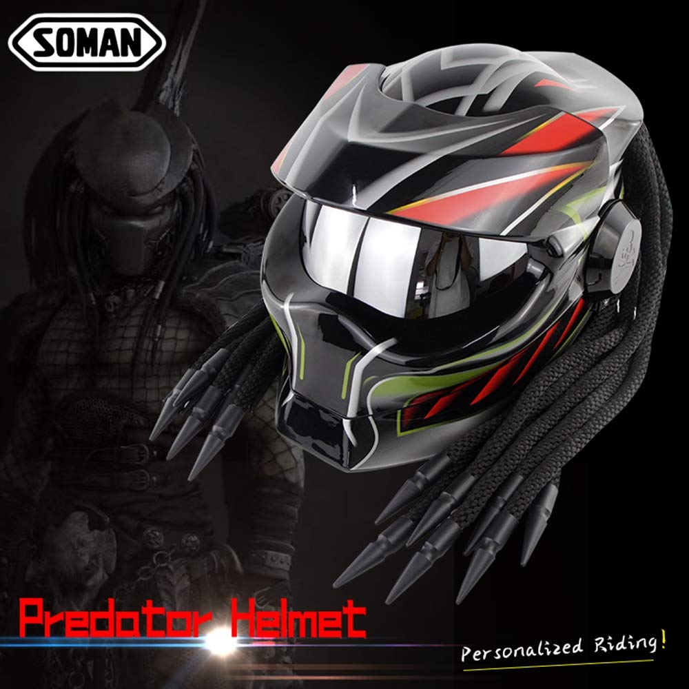 Braveking Casque Moto, Casque Intégral Predator avec des Lumières LED Et des Lentilles Argentées, Unisexe Coquille ABS Couche Tampon EPS,Noir,L