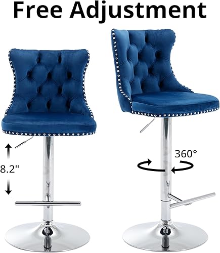 Miniatura 4 de LLS Juego de 2 taburetes de bar azules para encimera de cocina, sillas de altura de mostrador con respaldo, modernosajustablesgiratoriosterciopelos,