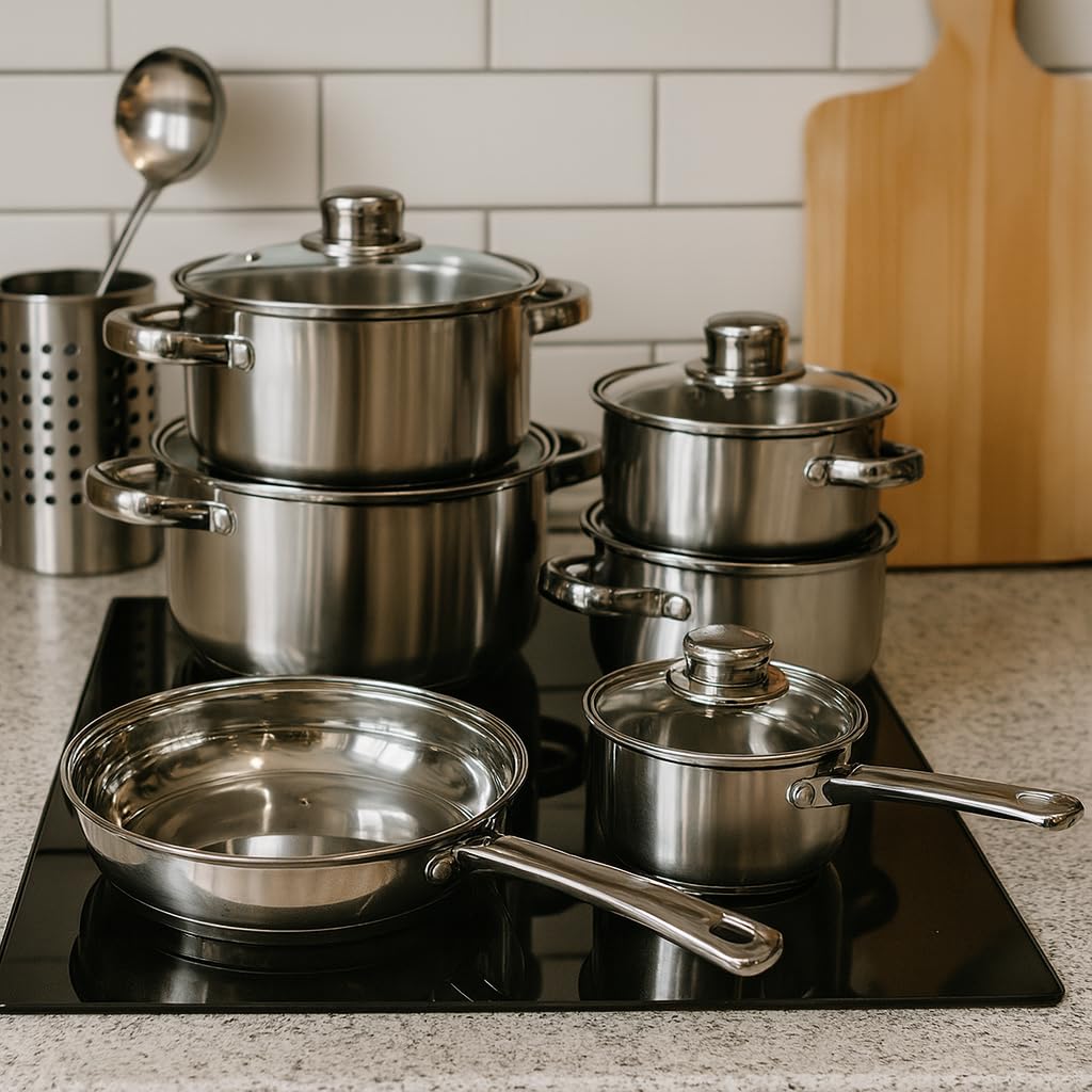 Edelstahl Topfset 12-teilig mit Glasdeckeln, induktionsgeeignet – stapelbares Kochtopf-Set mit Kapselboden für alle Herdarten, kleine Küchen, WG & Camping
