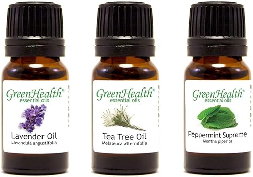 GreenHealth Top 3 - Juego básico de aceites esenciales 100% puros, 0.3 fl oz (lavanda, árbol de té, menta suprema), 0.3 fl oz cada uno