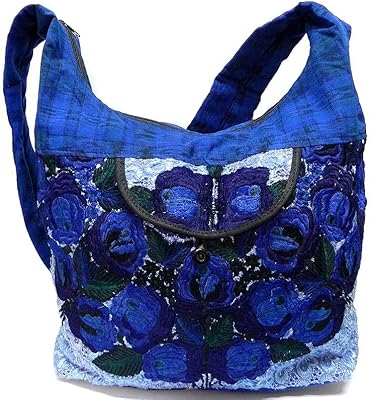 Large Floral Embroidered Lightweight Plaid Material Hobo Purse Crossbody Sling Bag - Womens Fashion Handmade Boho Accessories (Blue)