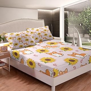 Cute Corgi Fitted Sheet for Kids Boys Girls Cartoon Puppy Dog Bedding Set Twin Size Sunflower Bed Sheet Set Bedroom Decor Botanical Floral Bedspread Cover Blossom Pink 4Pcs