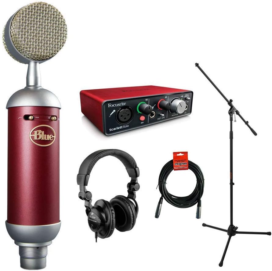 Blue Spark SL Large-Diaphragm Studio Condenser Microphone with Focusrite Scarlett Solo Audio Interface, HPC-A30 Monitor Headphone, Mic Stand, XLR-XLR Cable Bundle