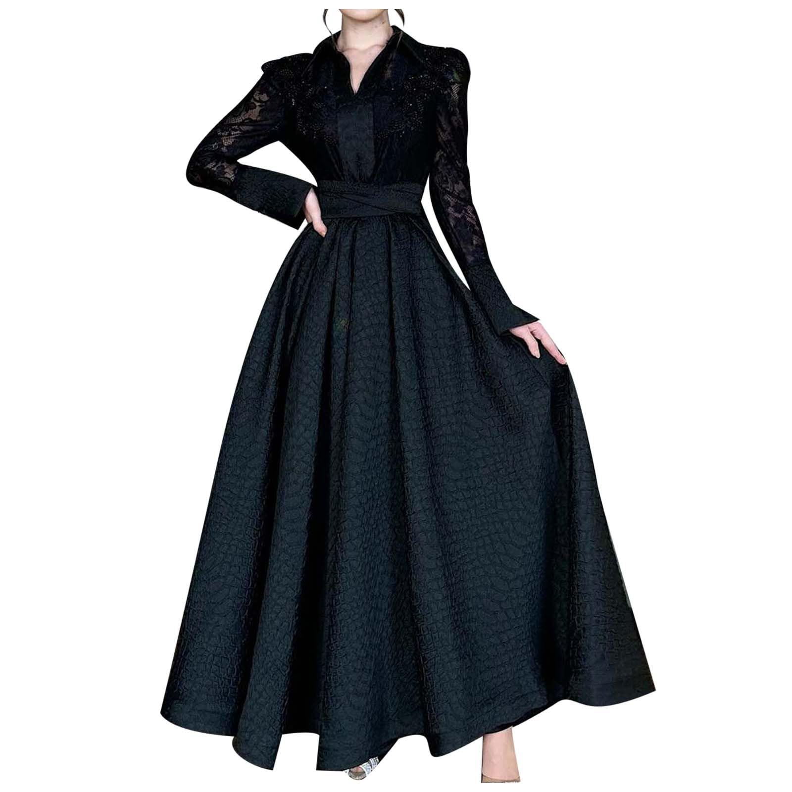 Robe Longue Femme Dentelle, Robe de Soiree Femme Brodé,Robe Vintage Femme Manche Longue Col V Taille Haute Chic Et Elegant Dress Slim Classique Swing Couleur Unie pour MariéE Ceremonie Cocktail Robes