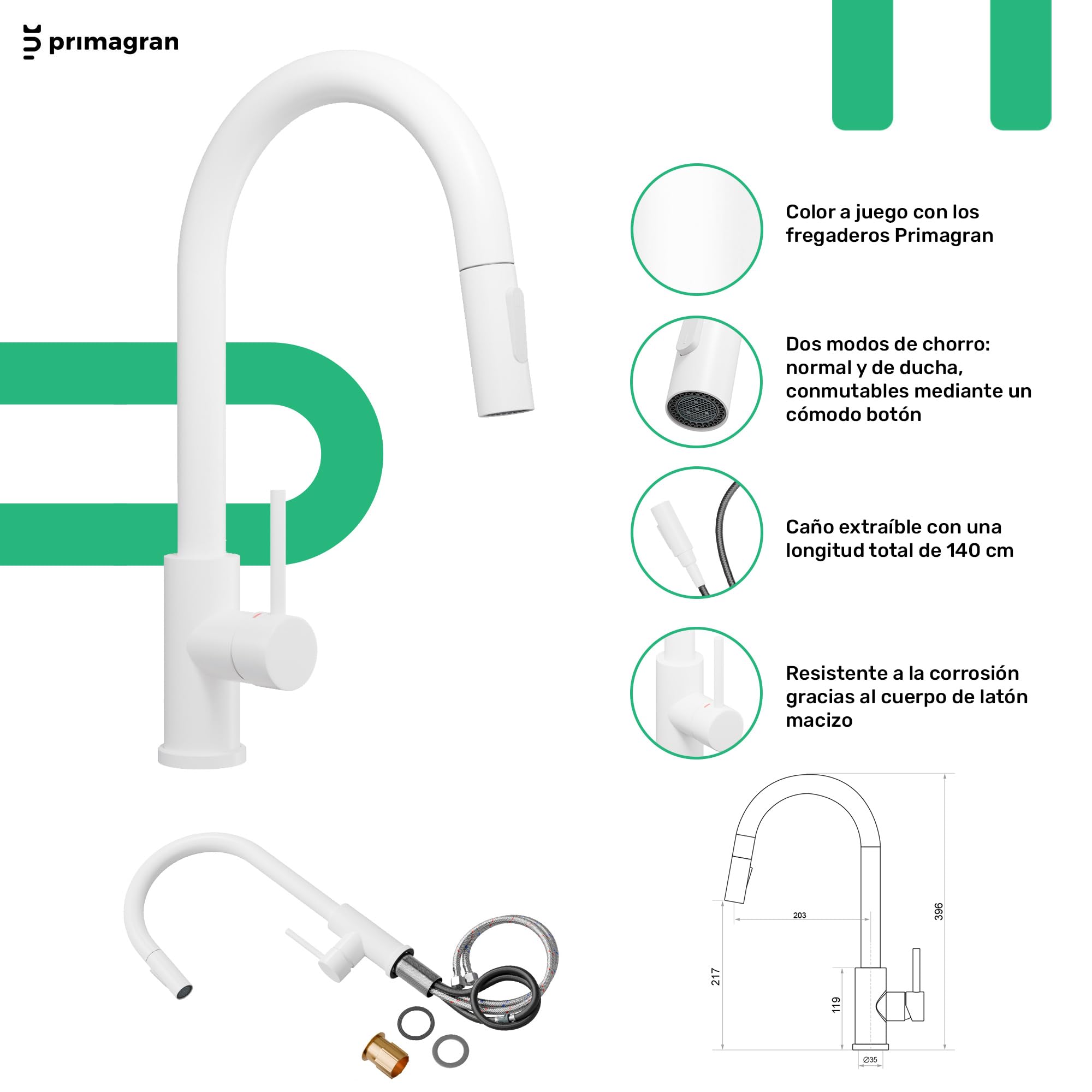 PRIMAGRAN Fregadero Granito Todo Blanco 78x50cm, Cocina 2 Senos + Grifo 40x20cm + Sifón, Sobre Encimera al Mueble 80cm - Madrid Twin S018