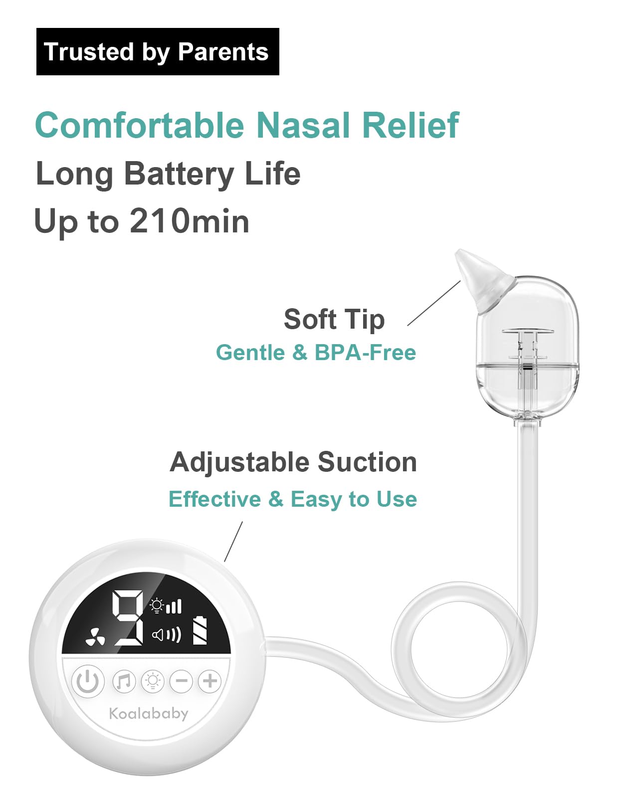 Koalababy Aspirador nasal eléctrico para bebé, succión nasal de grado hospitalario, 9 niveles de succión, ventosa de nariz de bebé, limpiador nasal, luz nocturna y música, puntas de silicona suave