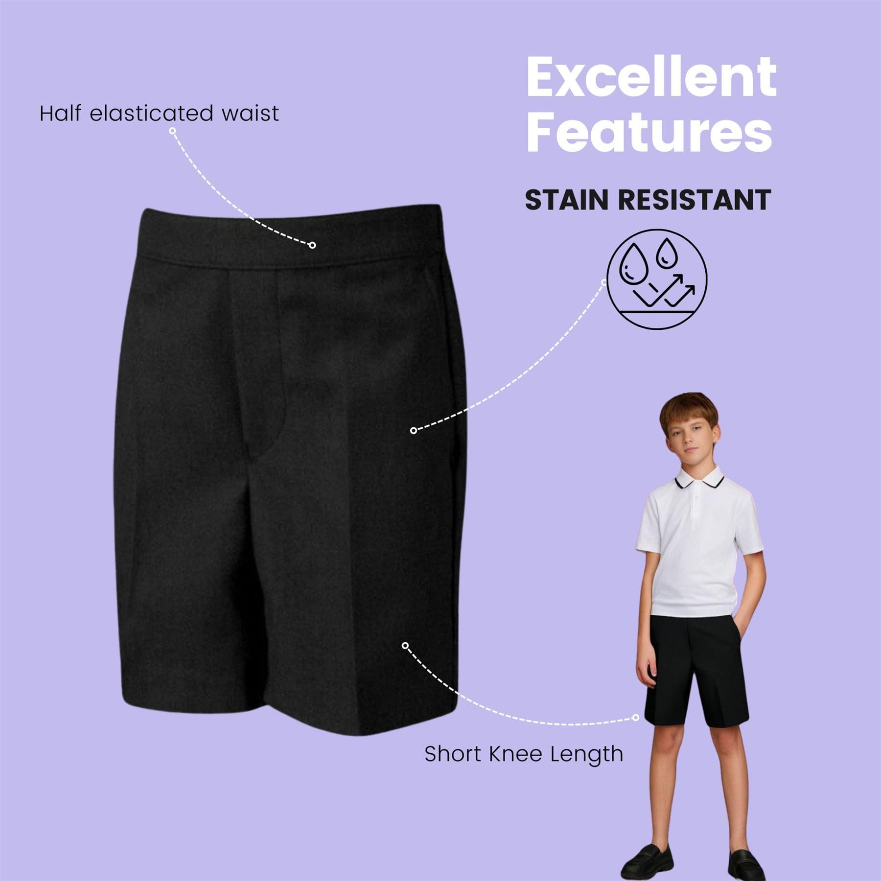 Pantaloncini per uniforme scolastica per ragazzi, confezione da 3 pezzi, lunghezza al ginocchio, metà elastico sul retro, pantaloni corti rivestiti in teflon, con tasche, età 2-13 anni