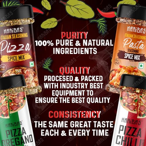 Image of HARIBAS Italian Combo Pasta 50gm, Chilli Flakes 40gm, Oregano 40gm and Pizza Spice Mix 60gm (Pack of 4)