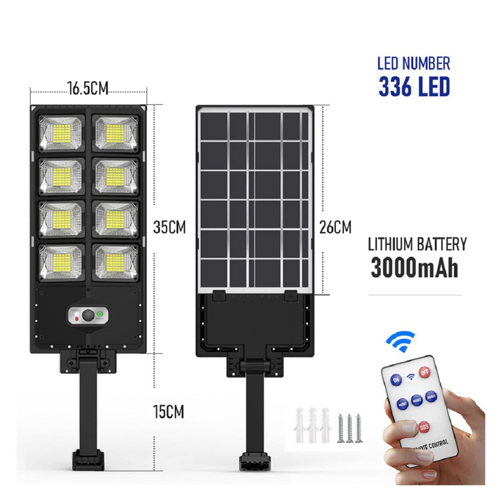 Lampy Solarne Zewnątrz, Zewnętrzne lampy słoneczne Pilot 12000 lumenów 504 Lampa ogrodowa LED Lampy na panele słoneczne Wodoodporny czujnik ruchu Lampy uliczne,Do ogrodu, ulicy, werandy(336LEDs 3000m
