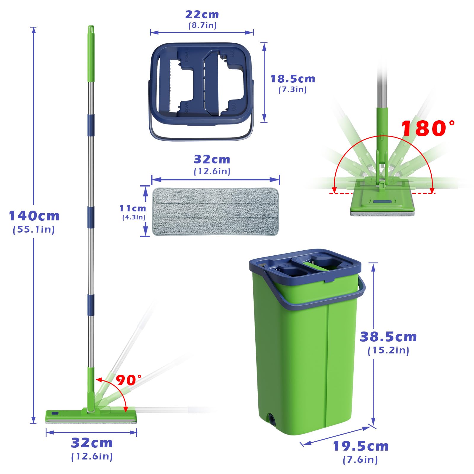 Serpillère Seau Essoreur, Balai Serpillière Plat Microfibre avec 5 Serpillères Réutilisables, Serpillère et Seau Essoreur avec Manche INOX, Serpillere Balais Nettoyer Sol(Vert)