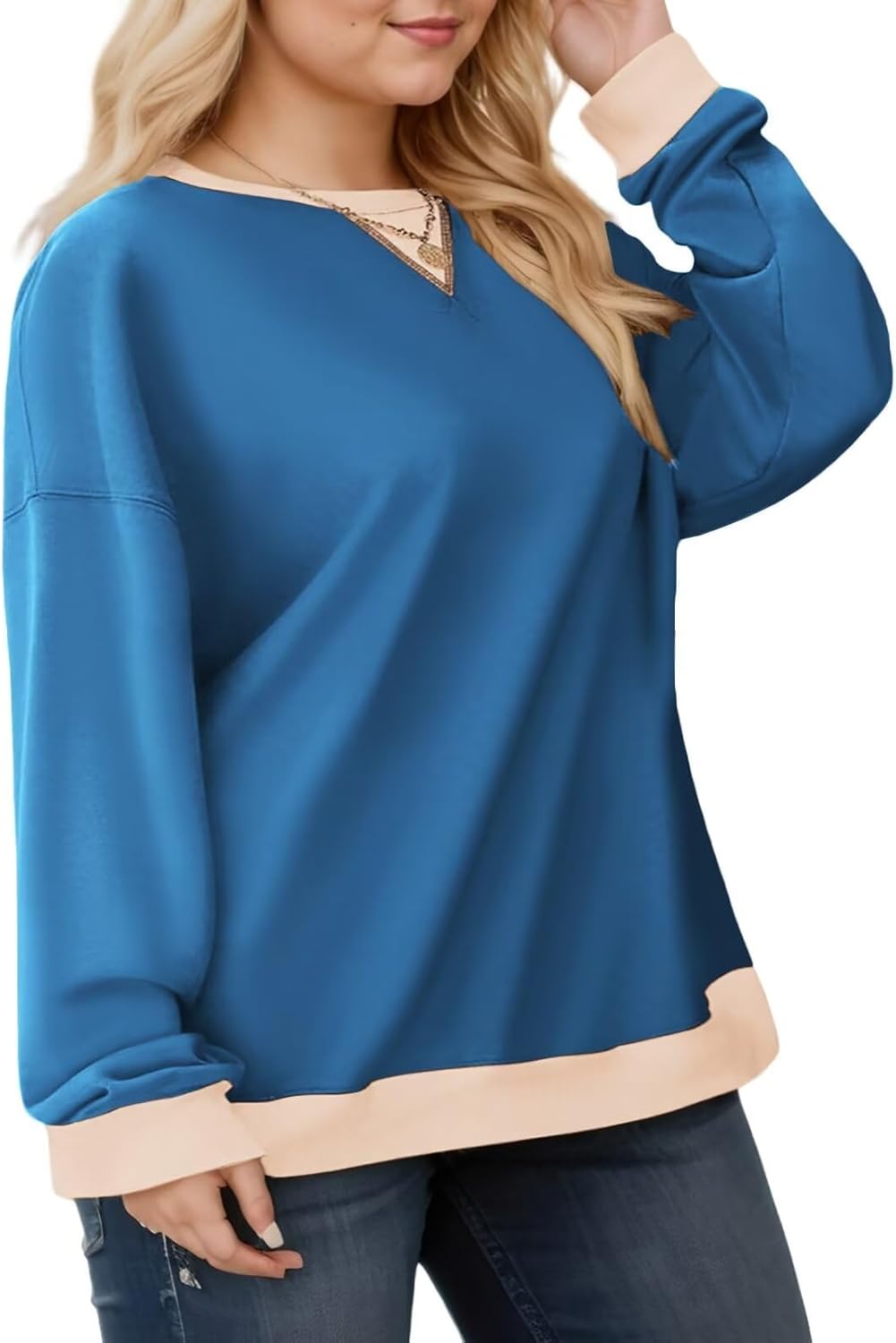 VOGRACE Womens-Plus-Size-Sweatshirts Casual Oversized Pullover Tops Crewneck Long Sleeve Color Block Tunic Outfits - Image 2