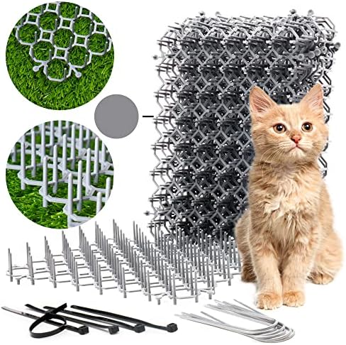 Cat Deterrent Scat Mat for Cats - 18 Pack Cat Spike Mat (Grey) 8.4 x 6.3 Inch with 1 Inch Spikes is A Perfect Cat Repellent Indoor & Outdoor for All Seasons. Includes 6 Garden Staples & 10 Zip Ties