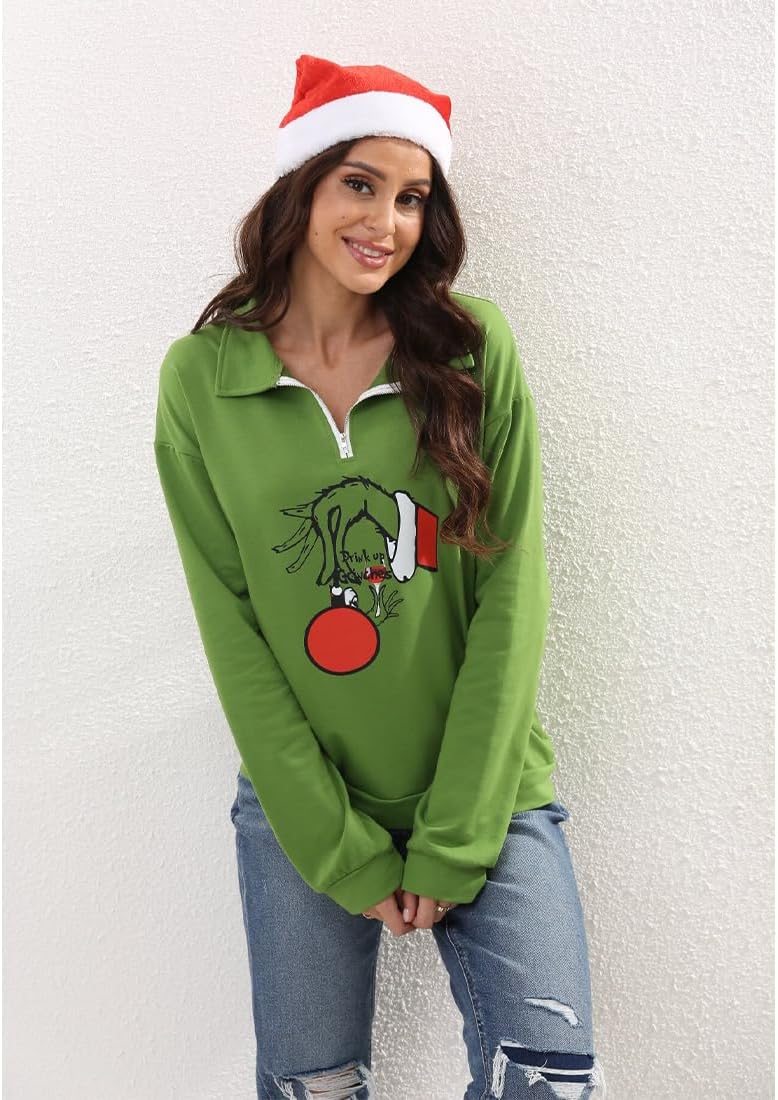 New Pullover Ugly Christmas Sweaters Cartoon Character Green Monster Print Unisex Sweatshirt with Christmas Hat - Image 4