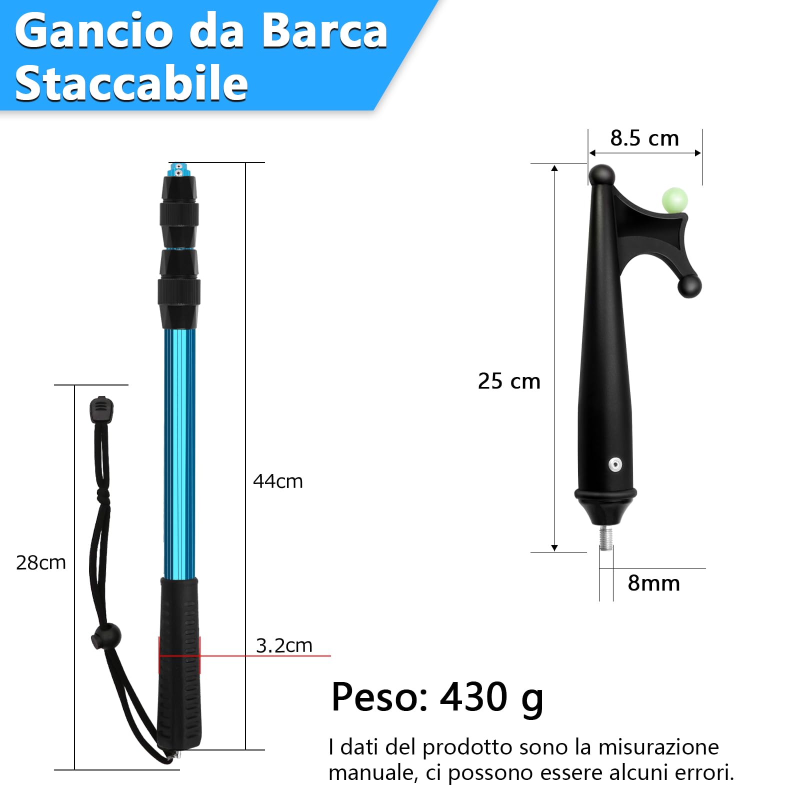 KOMCLUB Gancio telescopico per barche in alluminio leggero con spinta pole multiuso allungabile, impugnatura in gomma antiscivolo con perline luminose, gancio in plastica e cordino per docking e