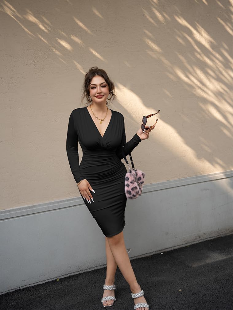 BEAGIMEG Women's Sexy Bodycon Long Sleeve Ruched Deep V Neck Solid Party Club Midi Dress - Image 2