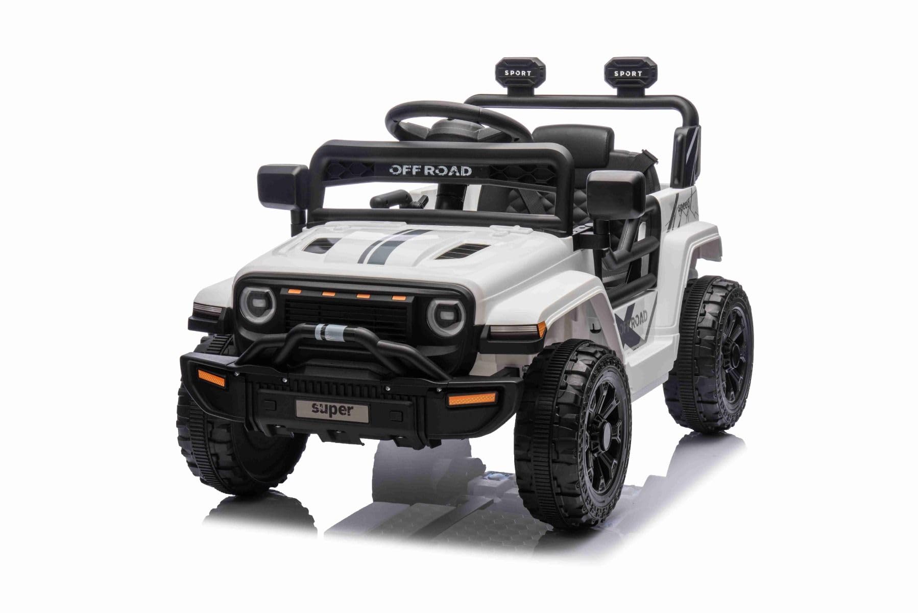 Voiture électrique Enfants Offroad New avec Traction arrière, Blanche, Batterie Lithium, châssis Haut, siège Large, Suspension arrière, télécommande 2,4 GHz, Lecteur MP3 avec USB/AUX, lumières LED