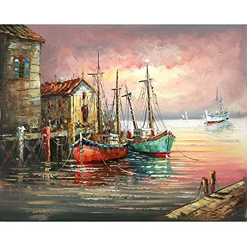 Paint by Number Kit, DIY Pintura al óleo Dibujo embarcaciones Pier Lona con Pinceles decoración Decoraciones Regalos - 16x20 Pulgadas con Marco