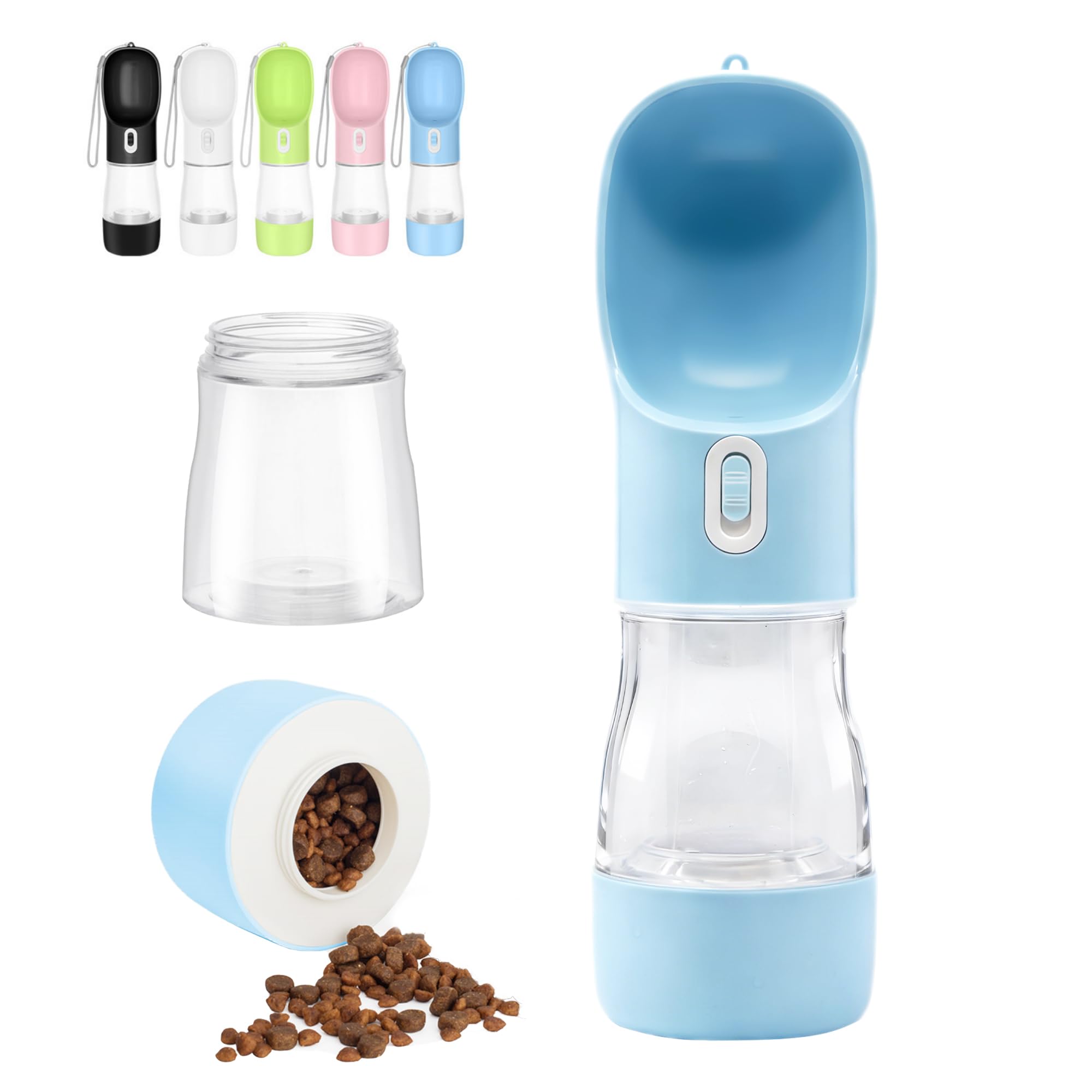 Bebedero Perro Portatil de 258 ml con Compartimento para Comida de 200 ml Bebedero Portatil Perro a Prueba de Fugas Botella Agua Perro para Paseos Viajes Senderismo (Azul)