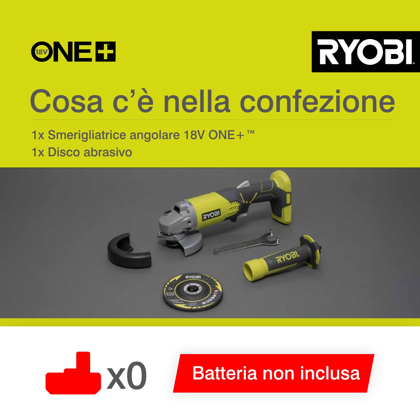 Ryobi R18AG-0 Smerigliatrice Angolare a Batteria 18V ONE+, con Doppio Interruttore di Sicurezza, Carter Regolabile, Batteria Non Inclusa, Diametro Disco 115mm