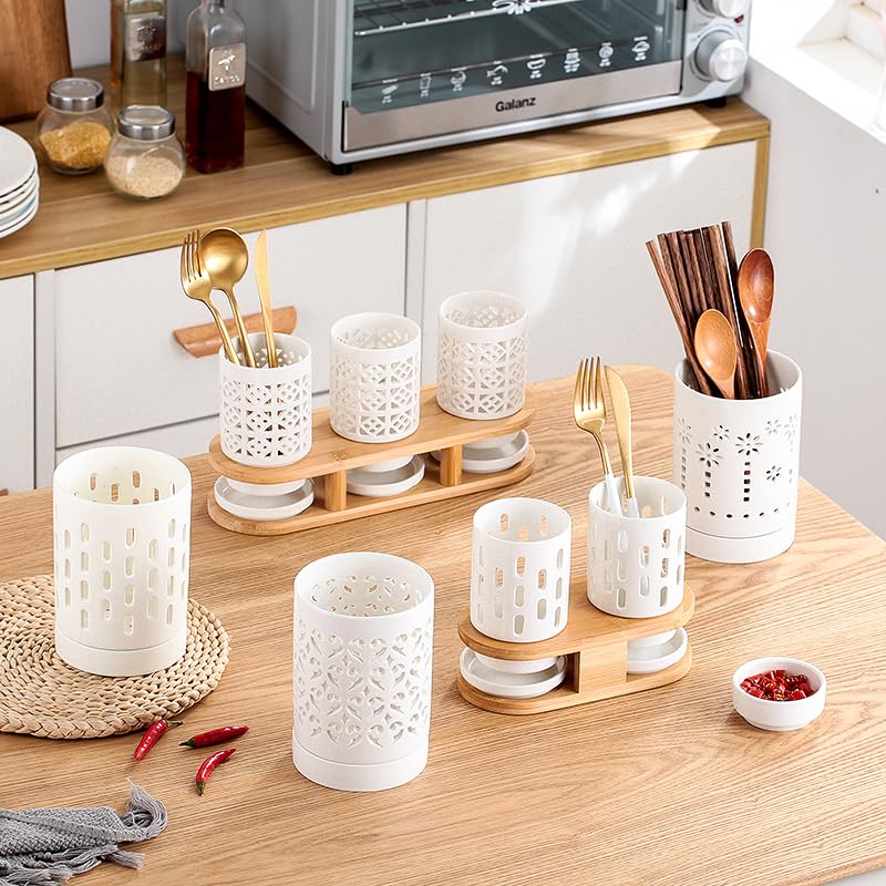 Ceramiczny uchwyt na przybory kuchenne z tacą odpływową – stabilny biały/zielony na blat idealny do przechowywania narzędzi kuchennych i sztućców, idealny dla domowych kucharzy