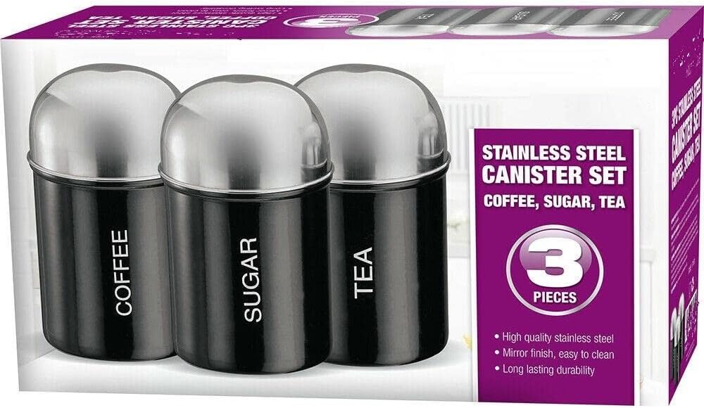 REBOUND Tea Coffee Sugar Canisters With Airtight Lid Set Of 3 Polished Stainless Steel Black