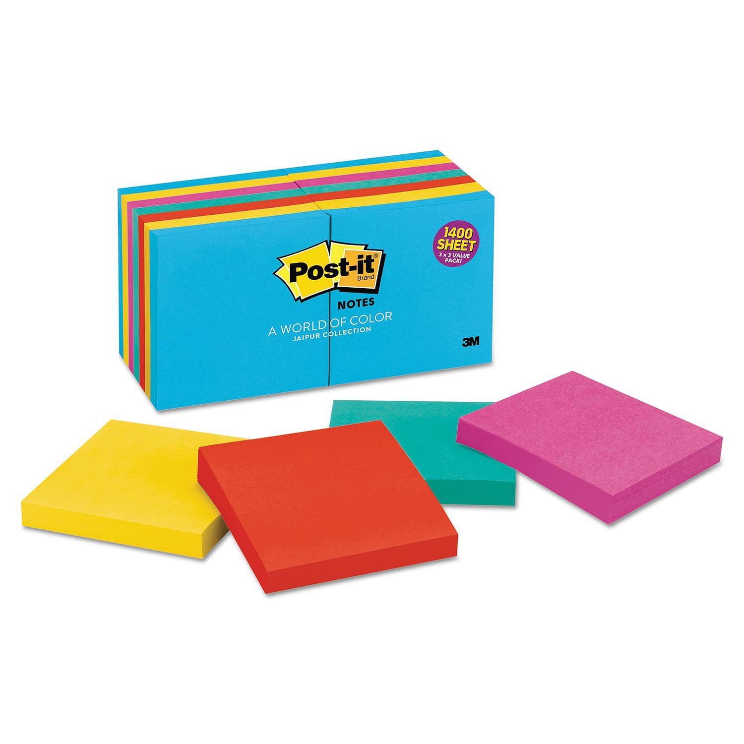 post-it-notes Original Pads in Jaipur Colors, 3 x 3, 100-Sheet, 14/Pack