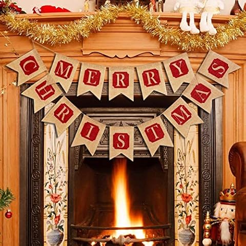 ThxToms Merry Christmas Burlap Banner, Indoor Vintage Decorations for Wall, Tree and Fireplace Cover