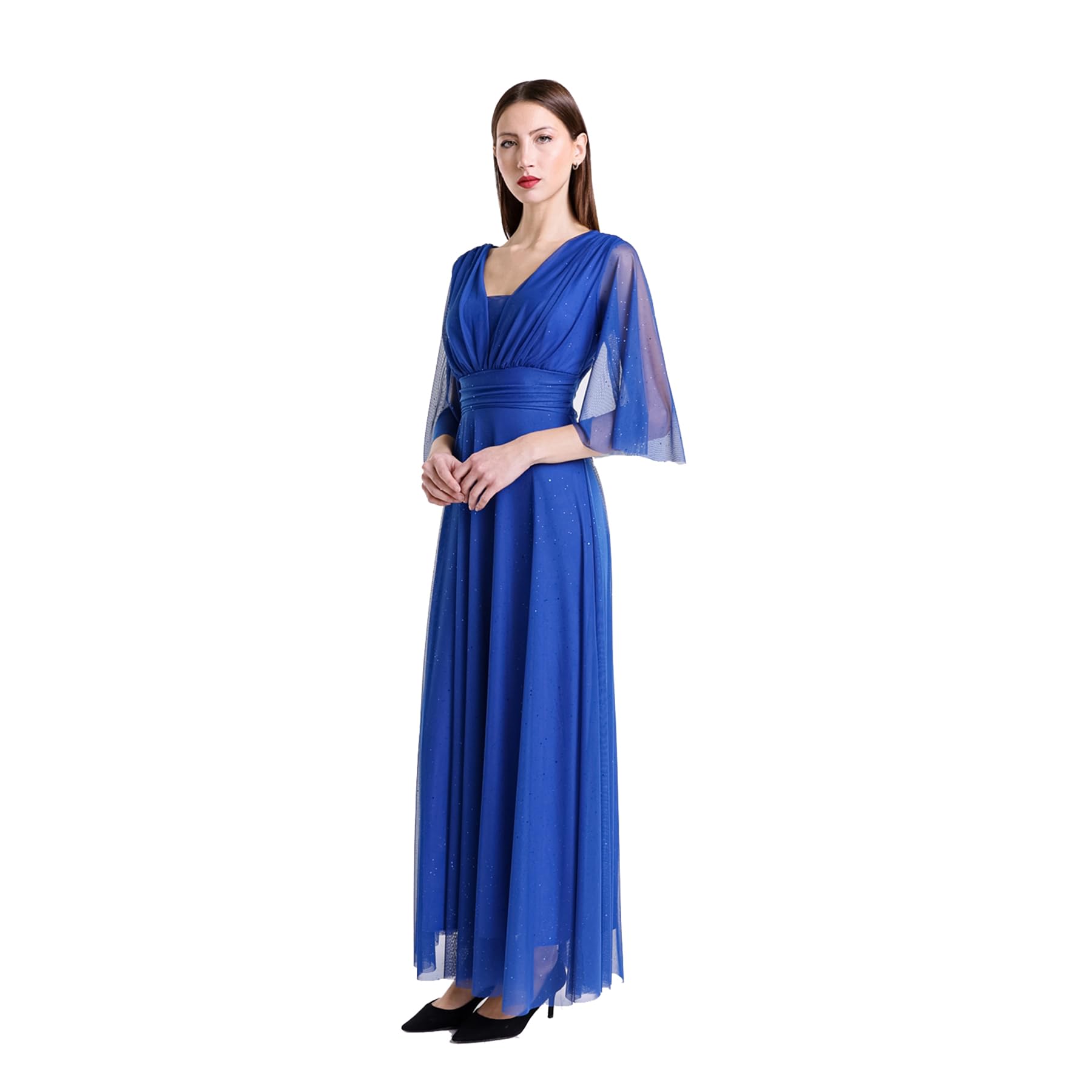 Abito Lungo Elegante Donna da Cerimonia Maniche a 3/4 e Scollo a V.Ideale per Matrimoni, Eventi e Feste. – Made in Italy