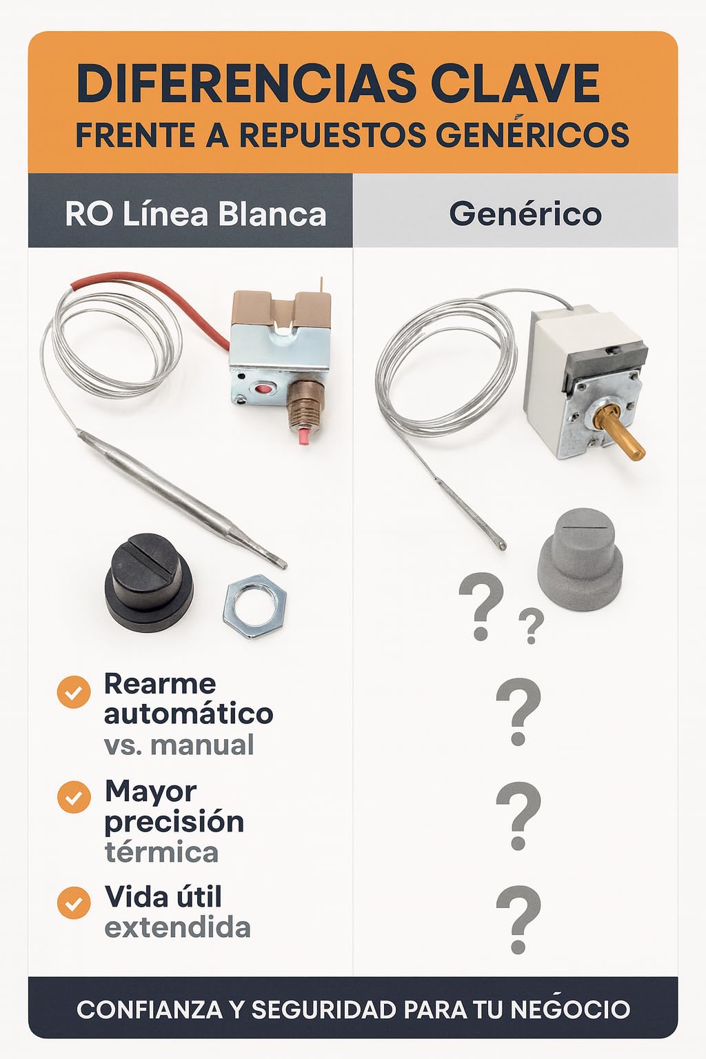 RO Linea Blanca Termostato de Seguridad para Freidora 240°C con Rearme 16A 240V Capilar 1000mm Bulbo 5x74mm Compatible con EGO Freidoras MOVILFRIT Repuesto Cocina Industrial Hostelería Profesional