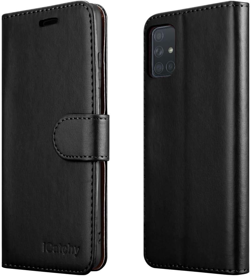 iCatchy For Samsung Galaxy A71 Case Leather Wallet Book Flip Folio Stand View Cover Compatible with Samsung Galaxy A71 Phone Cover (Black)