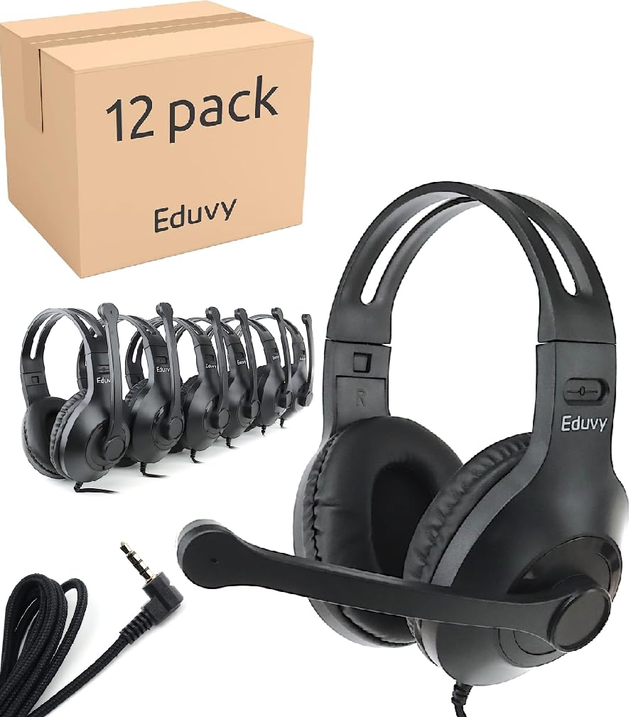 black wired headphones with rotating boom mic for students